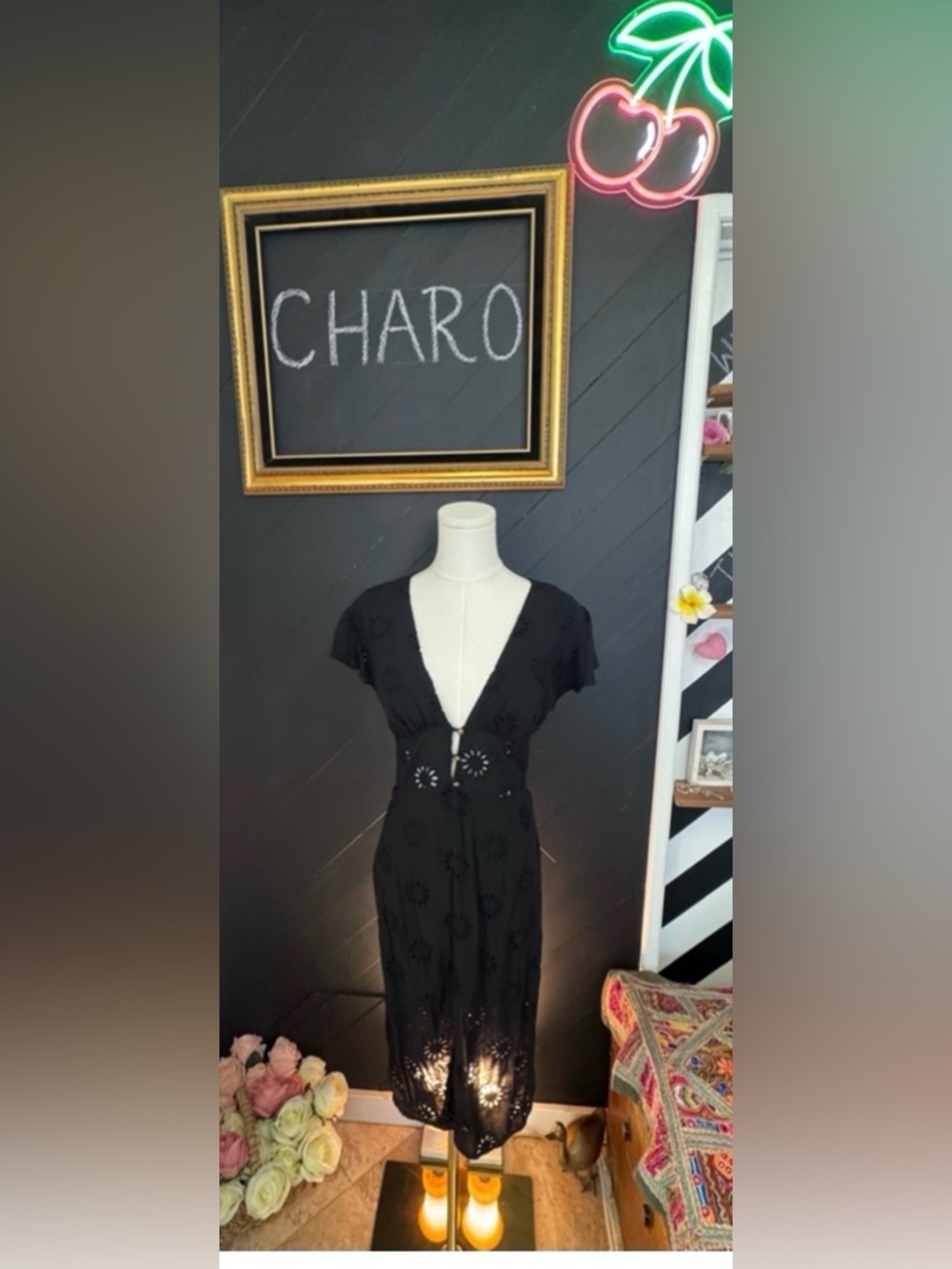 Vix Paula Hermanny Black Romance Broderie Anglaise Eyelet Voile Midi Dress - Picture 8 of 8